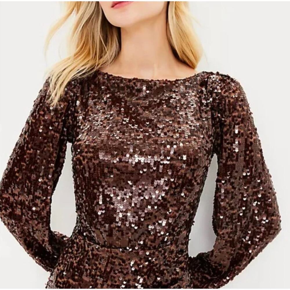 LOFT Sequin Brown Long Sleeve Mini Dress Size 6 - Picture 2 of 6